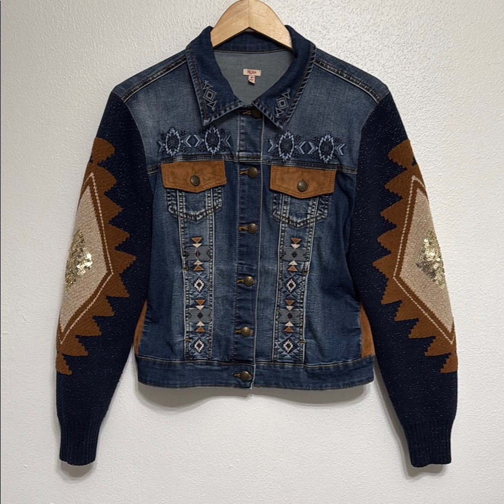 Women’s Reba Faux Suede and Denim Knit Long Sleeve Statement Jacket